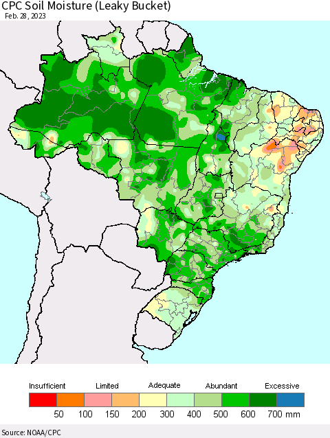 Brazil CPC Soil Moisture (Leaky Bucket) Thematic Map For 2/26/2023 - 2/28/2023