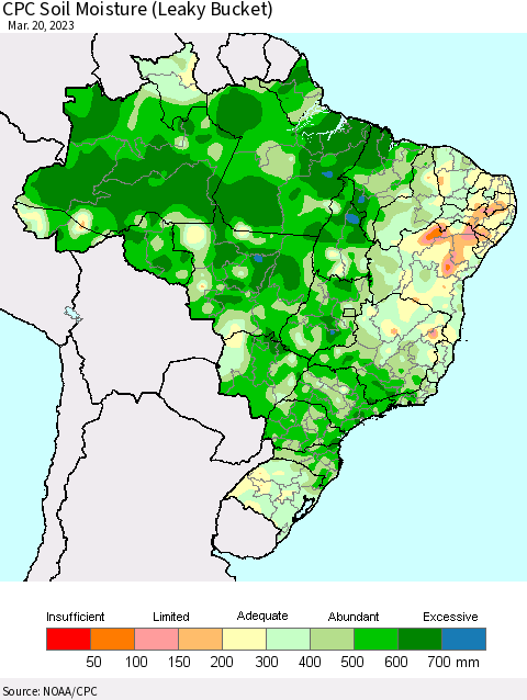 Brazil CPC Soil Moisture (Leaky Bucket) Thematic Map For 3/16/2023 - 3/20/2023
