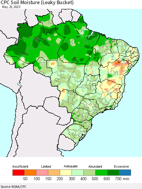 Brazil CPC Soil Moisture (Leaky Bucket) Thematic Map For 5/21/2023 - 5/25/2023