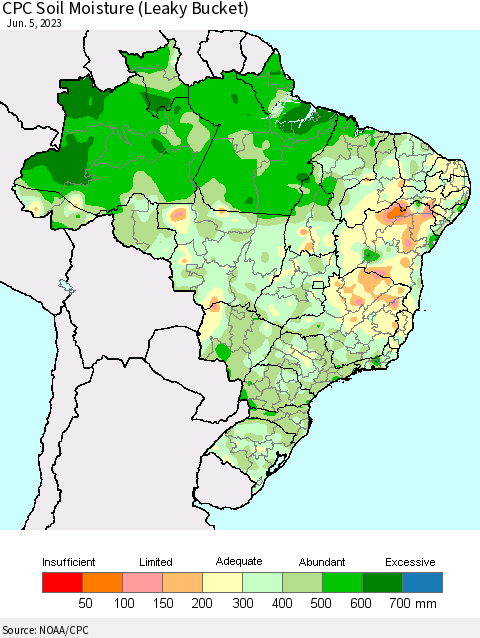 Brazil CPC Soil Moisture (Leaky Bucket) Thematic Map For 6/1/2023 - 6/5/2023