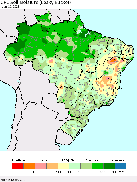 Brazil CPC Soil Moisture (Leaky Bucket) Thematic Map For 6/6/2023 - 6/10/2023