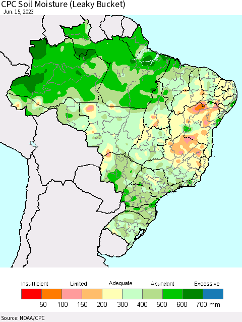 Brazil CPC Soil Moisture (Leaky Bucket) Thematic Map For 6/11/2023 - 6/15/2023