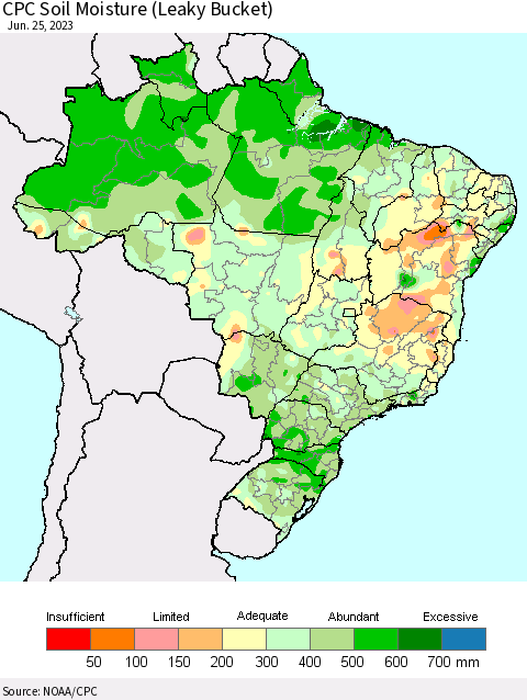Brazil CPC Soil Moisture (Leaky Bucket) Thematic Map For 6/21/2023 - 6/25/2023