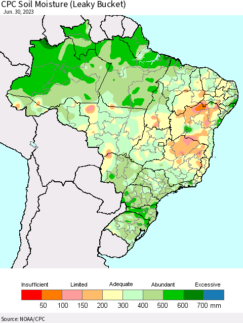 Brazil CPC Soil Moisture (Leaky Bucket) Thematic Map For 6/26/2023 - 6/30/2023
