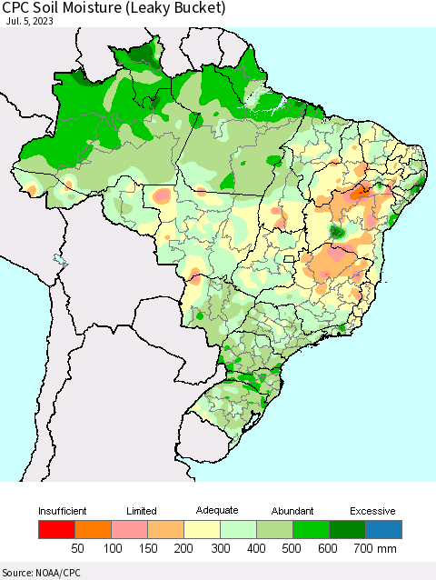 Brazil CPC Soil Moisture (Leaky Bucket) Thematic Map For 7/1/2023 - 7/5/2023