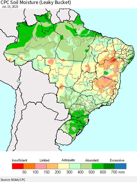 Brazil CPC Soil Moisture (Leaky Bucket) Thematic Map For 7/11/2023 - 7/15/2023