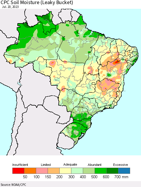 Brazil CPC Soil Moisture (Leaky Bucket) Thematic Map For 7/16/2023 - 7/20/2023