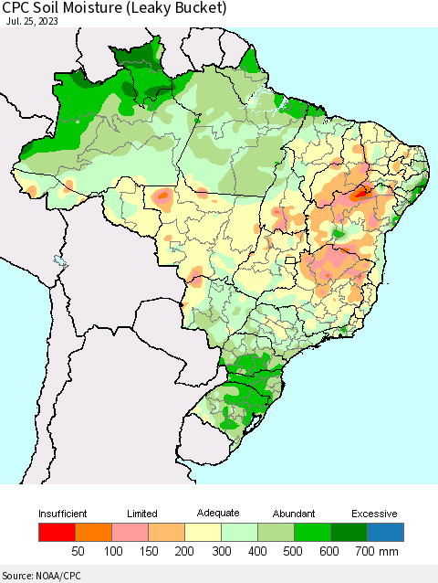 Brazil CPC Soil Moisture (Leaky Bucket) Thematic Map For 7/21/2023 - 7/25/2023