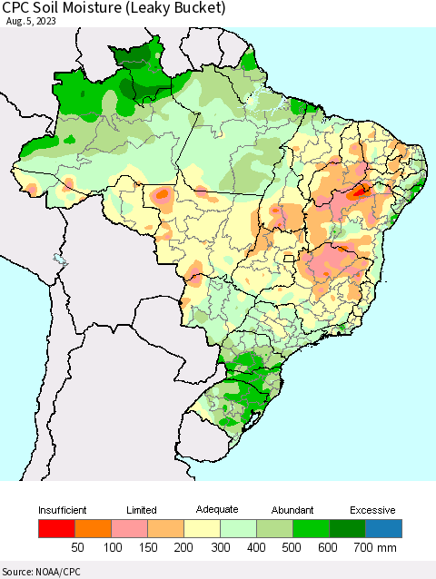 Brazil CPC Soil Moisture (Leaky Bucket) Thematic Map For 8/1/2023 - 8/5/2023