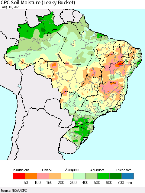 Brazil CPC Soil Moisture (Leaky Bucket) Thematic Map For 8/6/2023 - 8/10/2023