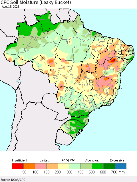 Brazil CPC Soil Moisture (Leaky Bucket) Thematic Map For 8/11/2023 - 8/15/2023