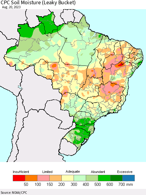 Brazil CPC Soil Moisture (Leaky Bucket) Thematic Map For 8/16/2023 - 8/20/2023