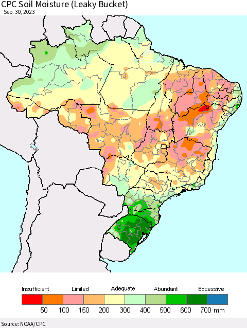 Brazil CPC Soil Moisture (Leaky Bucket) Thematic Map For 9/26/2023 - 9/30/2023