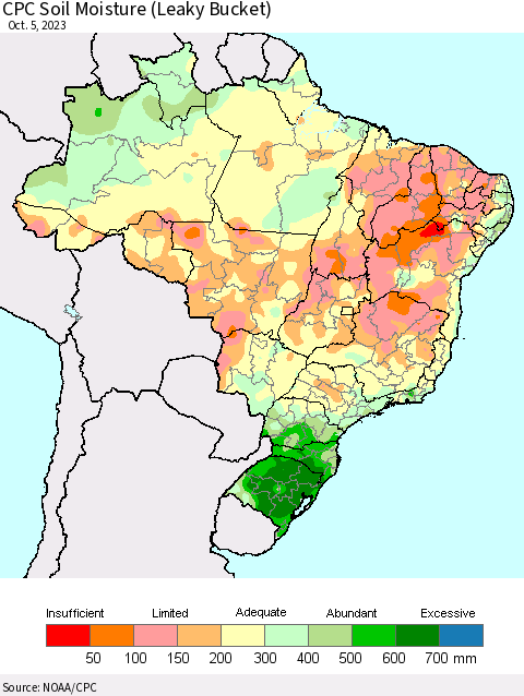 Brazil CPC Soil Moisture (Leaky Bucket) Thematic Map For 10/1/2023 - 10/5/2023