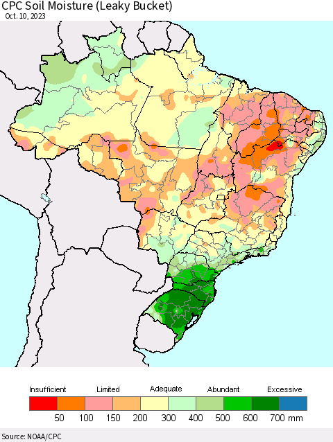 Brazil CPC Soil Moisture (Leaky Bucket) Thematic Map For 10/6/2023 - 10/10/2023