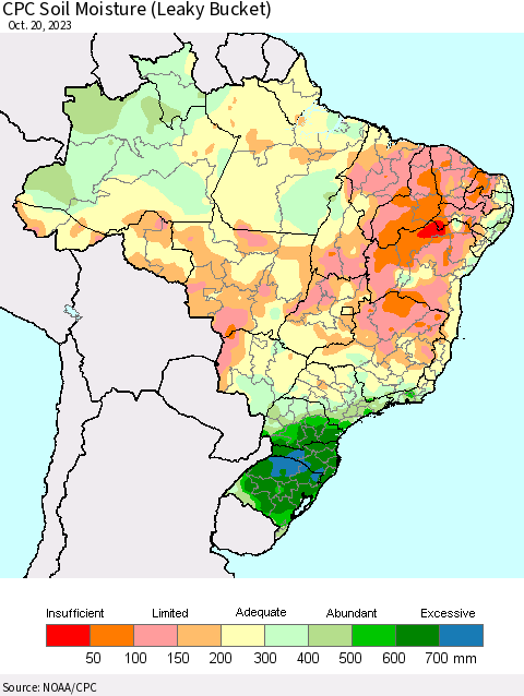 Brazil CPC Soil Moisture (Leaky Bucket) Thematic Map For 10/16/2023 - 10/20/2023