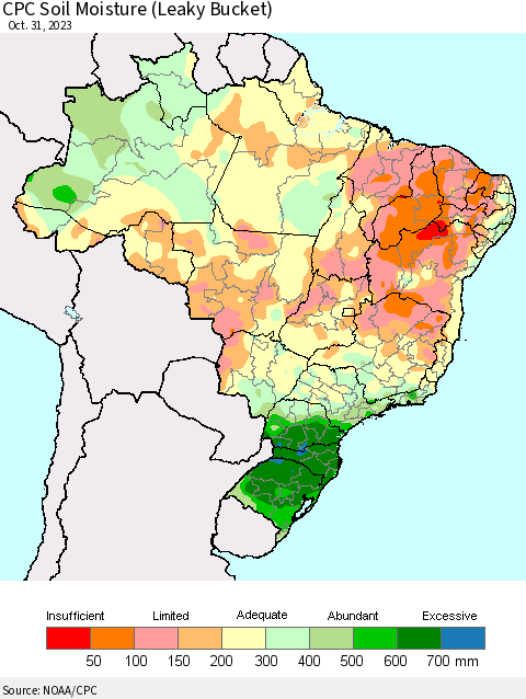Brazil CPC Soil Moisture (Leaky Bucket) Thematic Map For 10/26/2023 - 10/31/2023