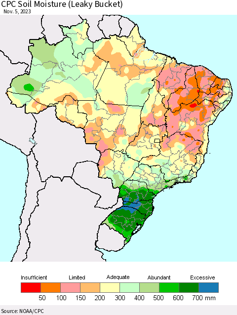 Brazil CPC Soil Moisture (Leaky Bucket) Thematic Map For 11/1/2023 - 11/5/2023