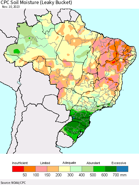 Brazil CPC Soil Moisture (Leaky Bucket) Thematic Map For 11/6/2023 - 11/10/2023