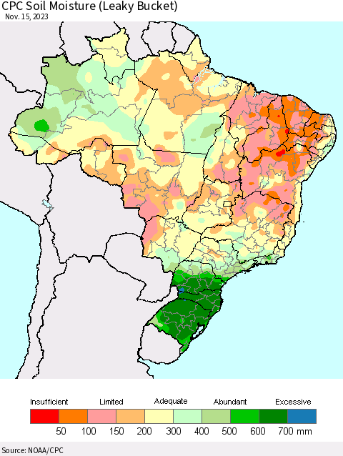 Brazil CPC Soil Moisture (Leaky Bucket) Thematic Map For 11/11/2023 - 11/15/2023