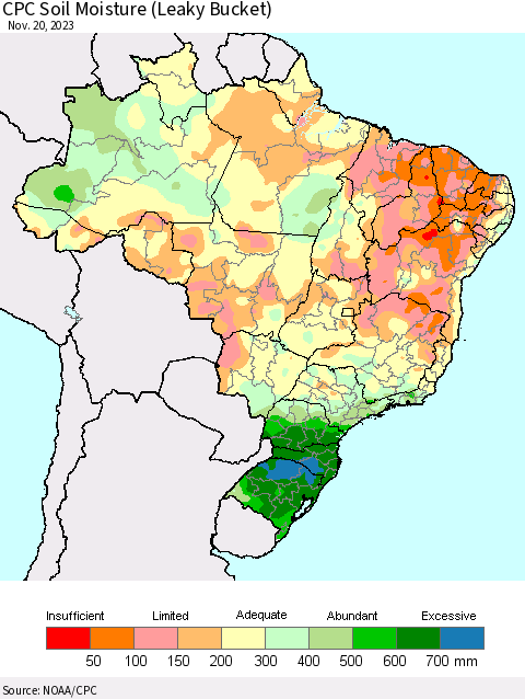 Brazil CPC Soil Moisture (Leaky Bucket) Thematic Map For 11/16/2023 - 11/20/2023