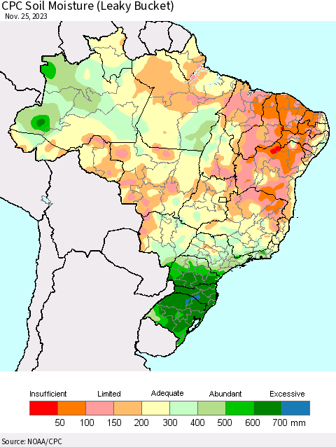 Brazil CPC Soil Moisture (Leaky Bucket) Thematic Map For 11/21/2023 - 11/25/2023