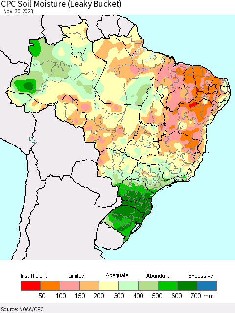 Brazil CPC Soil Moisture (Leaky Bucket) Thematic Map For 11/26/2023 - 11/30/2023
