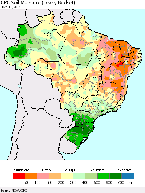 Brazil CPC Soil Moisture (Leaky Bucket) Thematic Map For 12/11/2023 - 12/15/2023