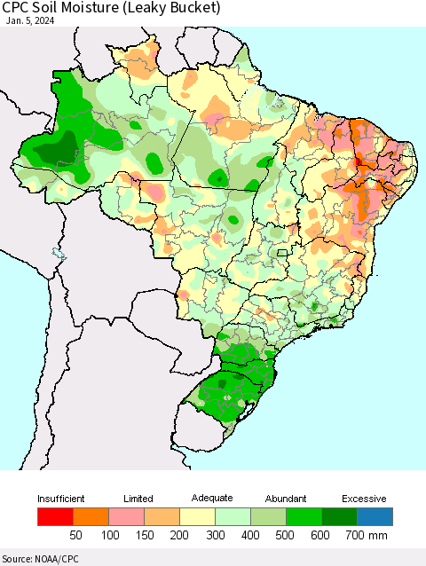 Brazil CPC Soil Moisture (Leaky Bucket) Thematic Map For 1/1/2024 - 1/5/2024