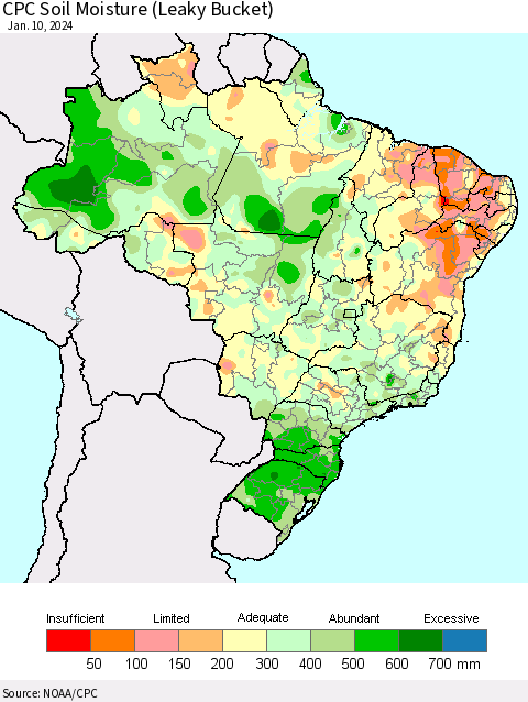 Brazil CPC Soil Moisture (Leaky Bucket) Thematic Map For 1/6/2024 - 1/10/2024