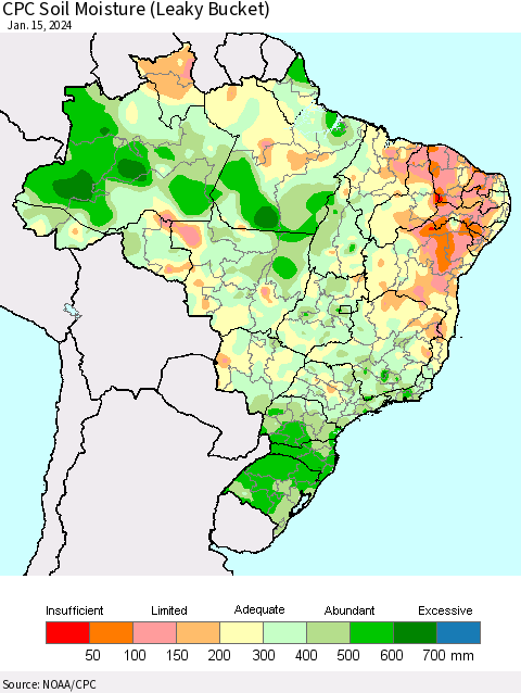 Brazil CPC Soil Moisture (Leaky Bucket) Thematic Map For 1/11/2024 - 1/15/2024