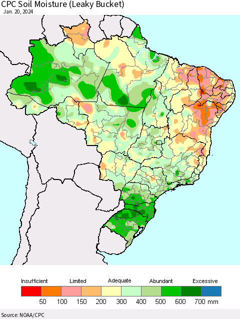 Brazil CPC Soil Moisture (Leaky Bucket) Thematic Map For 1/16/2024 - 1/20/2024