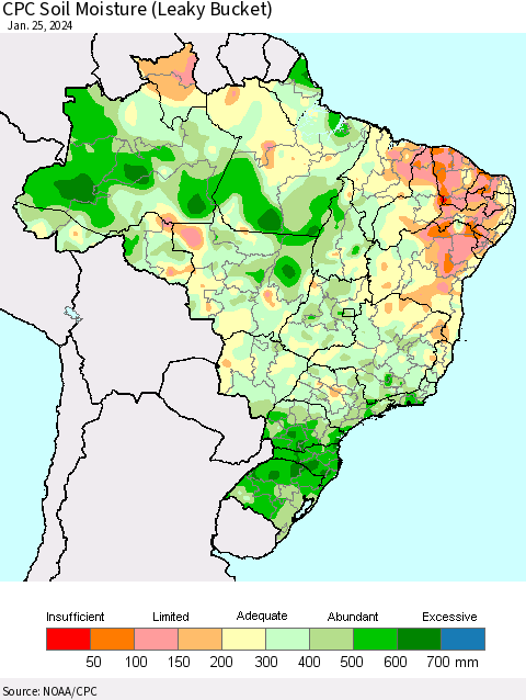 Brazil CPC Soil Moisture (Leaky Bucket) Thematic Map For 1/21/2024 - 1/25/2024