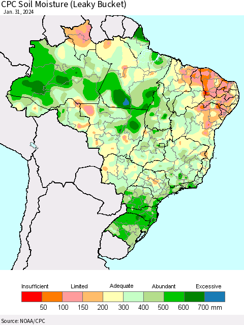 Brazil CPC Soil Moisture (Leaky Bucket) Thematic Map For 1/26/2024 - 1/31/2024
