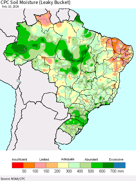 Brazil CPC Soil Moisture (Leaky Bucket) Thematic Map For 2/6/2024 - 2/10/2024