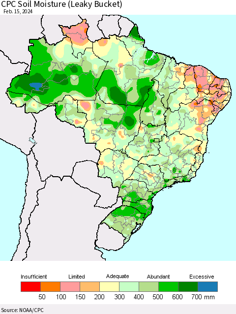 Brazil CPC Soil Moisture (Leaky Bucket) Thematic Map For 2/11/2024 - 2/15/2024