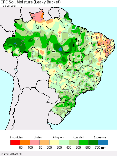 Brazil CPC Soil Moisture (Leaky Bucket) Thematic Map For 2/21/2024 - 2/25/2024