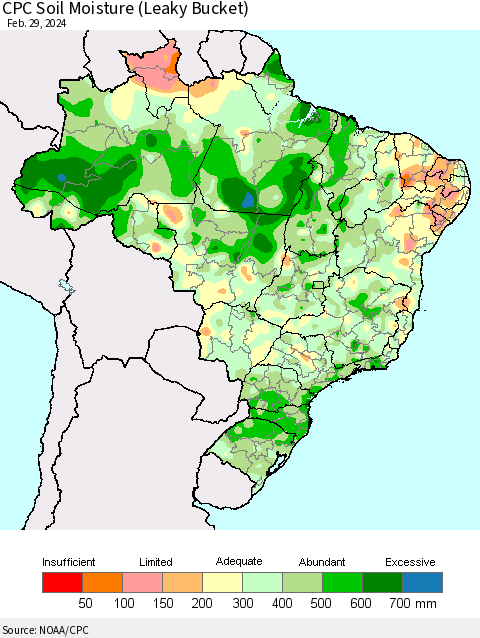 Brazil CPC Soil Moisture (Leaky Bucket) Thematic Map For 2/26/2024 - 2/29/2024