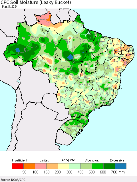 Brazil CPC Soil Moisture (Leaky Bucket) Thematic Map For 3/1/2024 - 3/5/2024