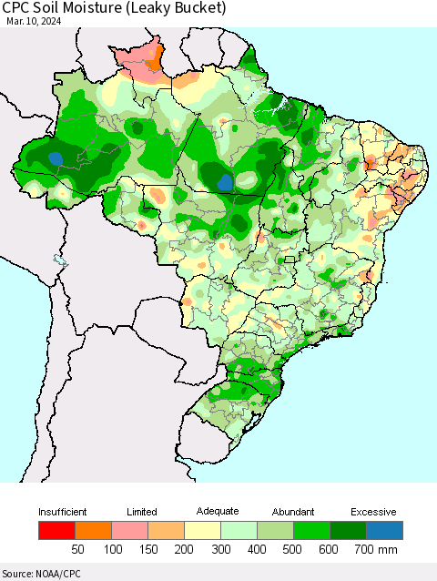 Brazil CPC Soil Moisture (Leaky Bucket) Thematic Map For 3/6/2024 - 3/10/2024