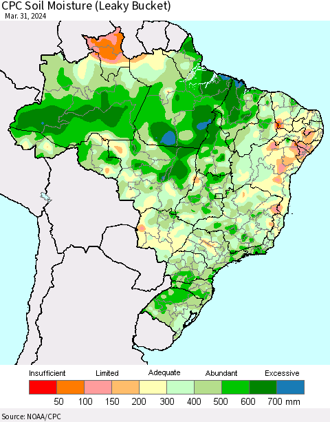 Brazil CPC Soil Moisture (Leaky Bucket) Thematic Map For 3/26/2024 - 3/31/2024