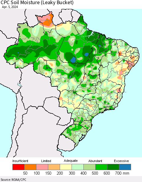 Brazil CPC Soil Moisture (Leaky Bucket) Thematic Map For 4/1/2024 - 4/5/2024