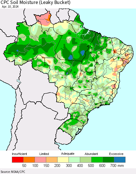 Brazil CPC Soil Moisture (Leaky Bucket) Thematic Map For 4/6/2024 - 4/10/2024