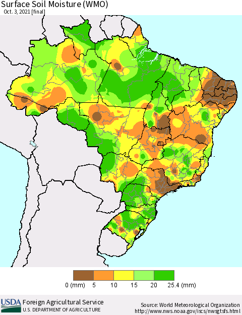 Brazil Surface Soil Moisture (WMO) Thematic Map For 9/27/2021 - 10/3/2021