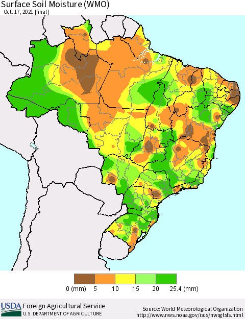 Brazil Surface Soil Moisture (WMO) Thematic Map For 10/11/2021 - 10/17/2021