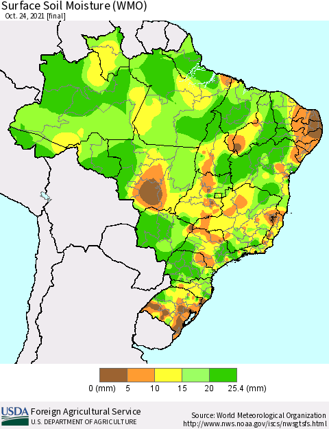 Brazil Surface Soil Moisture (WMO) Thematic Map For 10/18/2021 - 10/24/2021