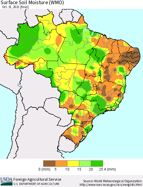 Brazil Surface Soil Moisture (WMO) Thematic Map For 10/25/2021 - 10/31/2021