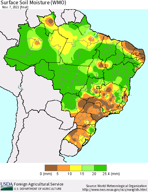 Brazil Surface Soil Moisture (WMO) Thematic Map For 11/1/2021 - 11/7/2021