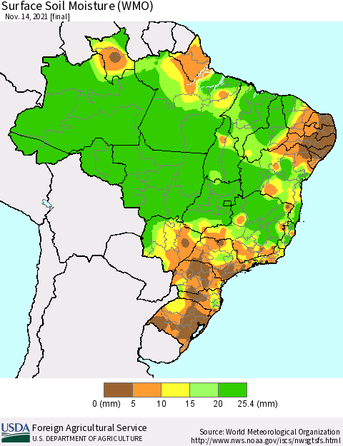 Brazil Surface Soil Moisture (WMO) Thematic Map For 11/8/2021 - 11/14/2021