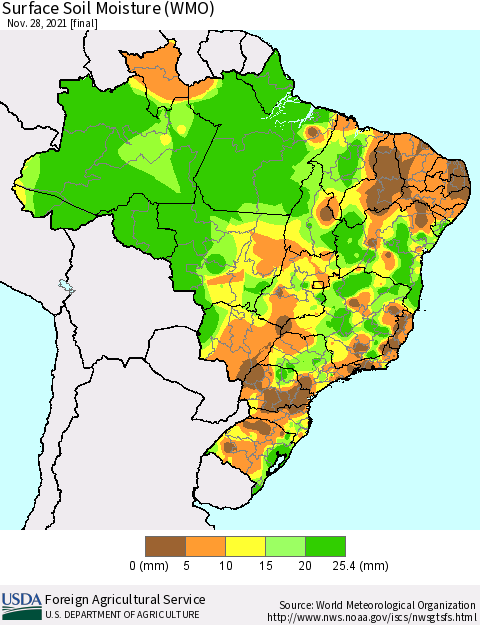 Brazil Surface Soil Moisture (WMO) Thematic Map For 11/22/2021 - 11/28/2021